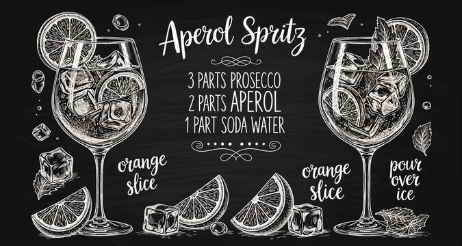 Aperol spritz cocktail recipe illustration on chalkboard background with hand drawn glasses.