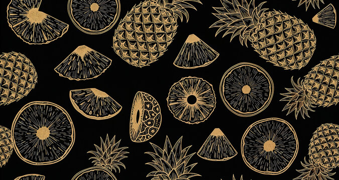 Golden pineapple seamless pattern on black background hand drawn tropical fruit wallpaper.
