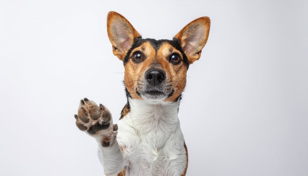 Dog waving paw hello.