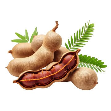 A vibrant arrangement of ripe tamarind pods and leaves showcasing natural textures on transparent background