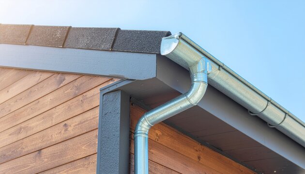 Gutter on wooden house facade.