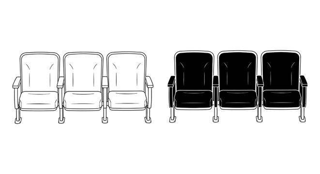 Row of theater or cinema seats in line art and solid black style for venue seating charts