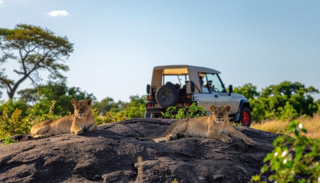 Lions on rock with safari vehicle.