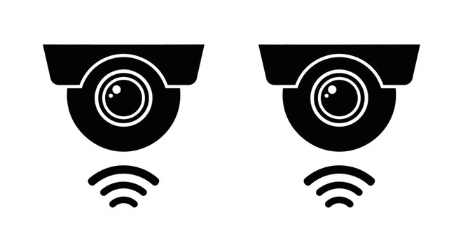 Security camera surveillance system icons showing wireless signal connectivity for modern home and business monitoring solutions in flat vector style