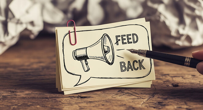 A hand points to a stack of notepads featuring a hand-drawn megaphone and the words 'FEED BACK', symbolizing communication.