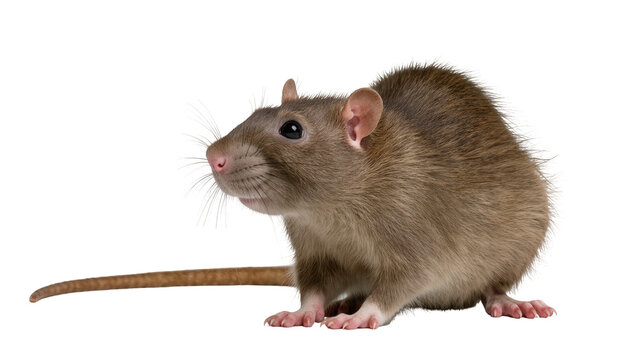 Brown domestic rat sitting with long pink tail
