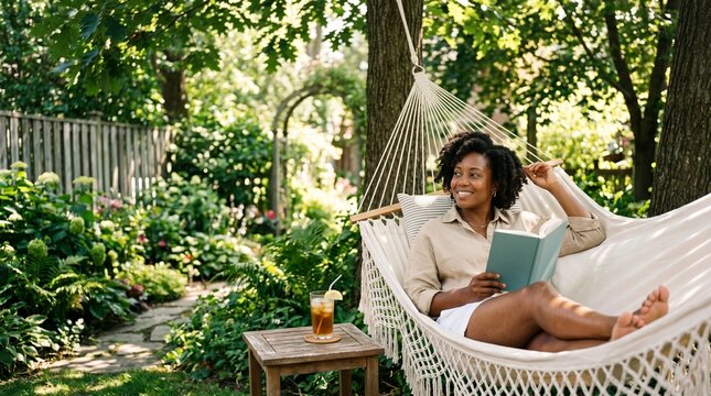 African American woman reading book while relaxing in hammock in lush summer garden.