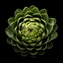 Obraz premium Green artichoke with a purple base is isolated on black background with clipping path