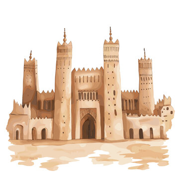 Djenne Mosque. Djenne Mosque hand drawn watercolor illustration on white background