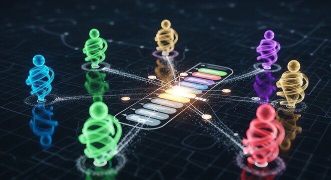 Colorful 3D Chess Pieces with Digital Interface and Light Effects.