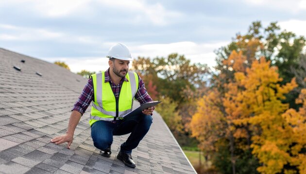Roofer inspecting shingles outdoors.