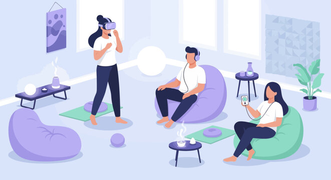 People enjoying virtual reality and relaxation in a modern room.