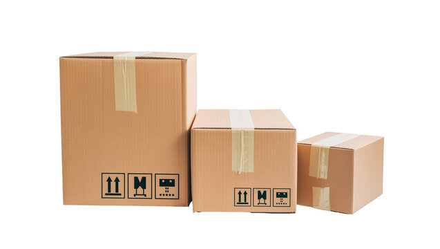 Various sized brown cardboard boxes with shipping markings