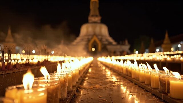 Asalha Puja Buddhist festival celebration with long rows of glowing candles in a serene temple setting, warm golden spiritual light at night.