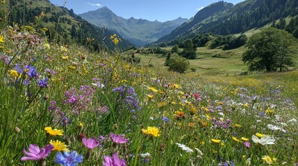 Fototapeta premium Vibrant wildflowers in green mountain meadow.