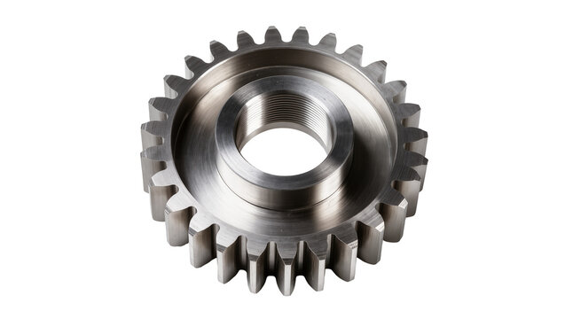 Silver metallic gear with threaded center hole and sharp teeth