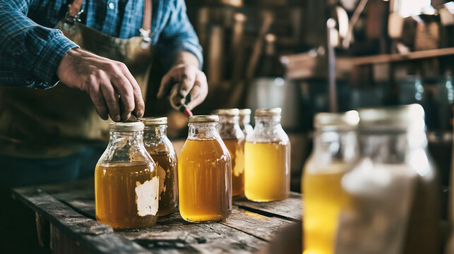 An artisan carefully caps jars of fresh honey in a rustic workshop, highlighting traditional craftsmanship