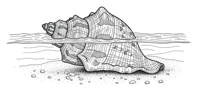 Detailed line drawing of a large conch shell emerging from clear ocean water onto a textured sandy beach ideal for marine life educational materials or nautical themed decor.