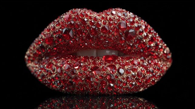 Glamorous Detailed Lips Covered in Sparkling Red Rhinestones on Black Background