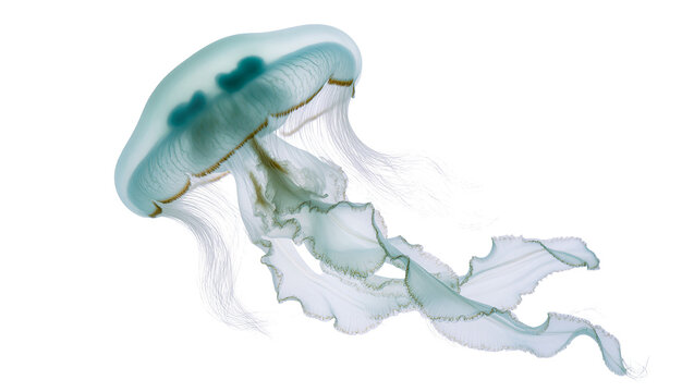 Translucent blue jellyfish with fringed tentacles floating gently