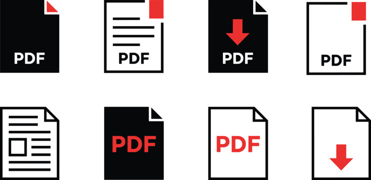 A collection of document icons primarily depicting pdf files with variations in color and download indicators high quality professional detailed modern elegant