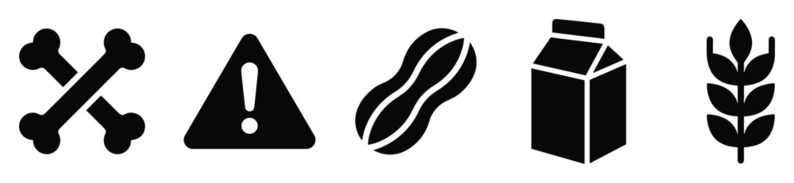 Essential food allergen and warning symbols collection featuring crossed bones, triangle exclamation mark, peanut, milk carton, and wheat, ideal for packaging labels, dietary restriction