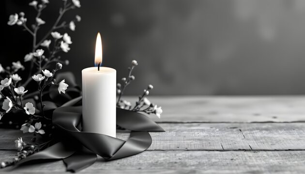 simple remembrance layout with candle and ribbon, monochrome tones, open space for message