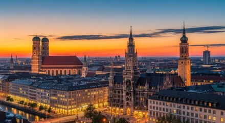 Fototapeta premium Munich skyline at sunset with the Frauenkirche and the New Town Hall in the foreground, with the cityscape in the background, illuminated by the warm glow of the setting sun.