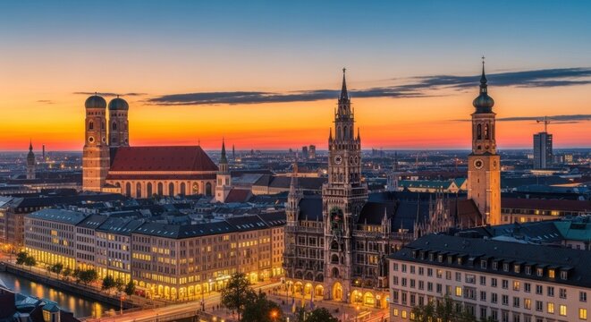 Munich skyline at sunset with the Frauenkirche and the New Town Hall in the foreground, with the cityscape in the background, illuminated by the warm glow of the setting sun.