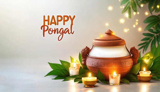Traditional Clay Pot with Diyas for Pongal.