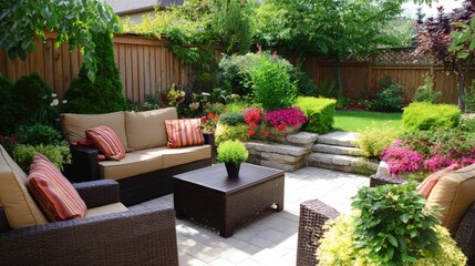 Fototapeta premium Cozy Patio with Beautiful Garden Furniture and Decorative Plants