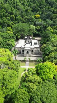 Aerial view of Parque Lage mansion surrounded by lush Atlantic Forest in Rio de Janeiro, Brazil