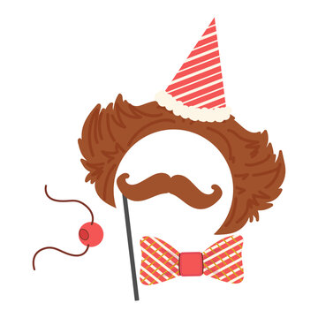Set of flat vector circus photo booth props including a brown wig, red striped party hat, mustache on a stick, and checkered bow tie. Isolated on white background.