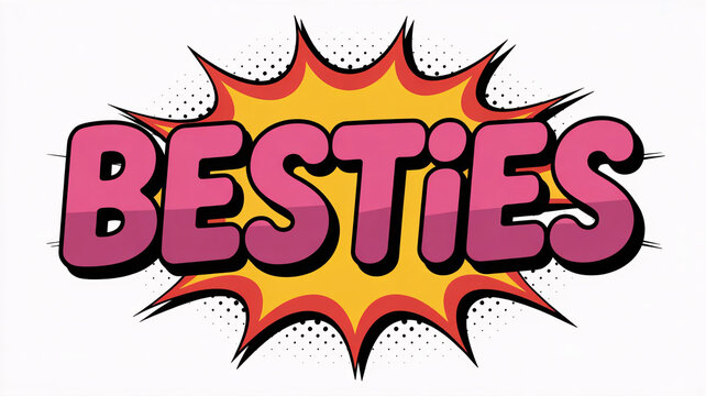 Comic book style text, BESTiES word, pink and yellow graphic, pop art explosion