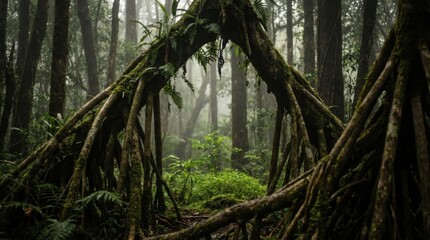 Fototapeta premium Cathedral shaped root arch opening into misty tropical woodland, evocative rainforest safeguarding concept photograph with primordial structure, hidden passage, and reverent old growth atmosphere