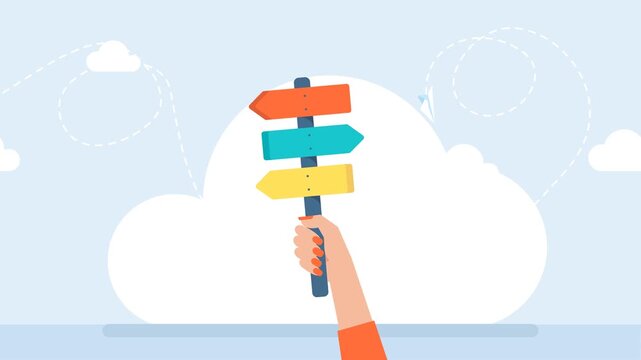 Direction indicator. Arrows. A woman holds a direction indicator in her hand. Three colored arrows indicate direction. A businesswoman compares options, choosing between two things. 2D flat animation