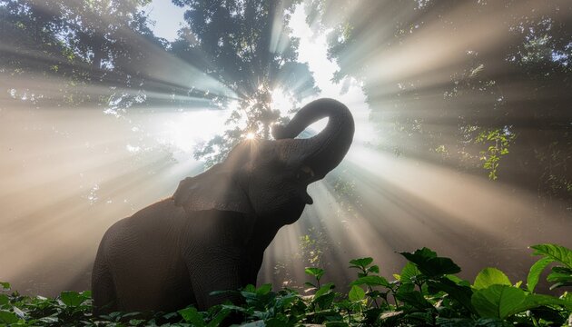 Elephant in jungle sunlight.