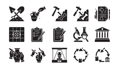 Archeology icons set digging fossils artifacts museum with archeology © Vector Galaxy