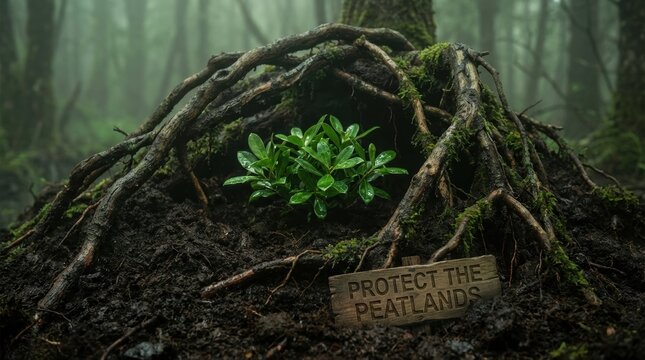 Exposed roots sheltering a vibrant shrub in dark peat soil beside a plea for protection, poignant rainforest wetland conservation concept photograph about refuge, resilience, and threatened earth