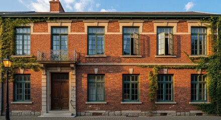 Fototapeta premium A historic building with red brick walls and ivy growing on the windowsills, set against a blue sky with white clouds.