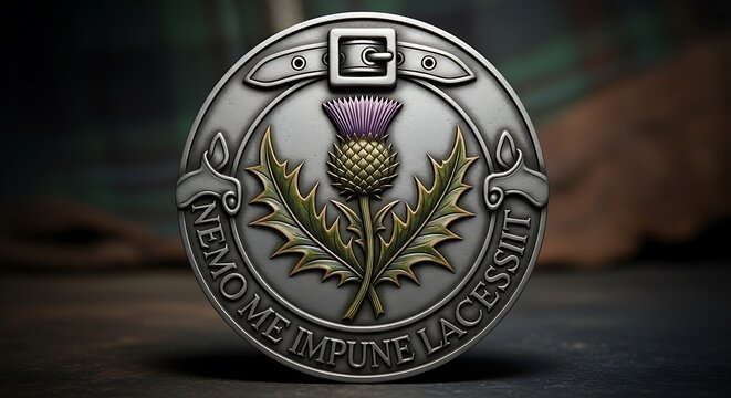 Detailed heraldic medallion with a thistle and inscription