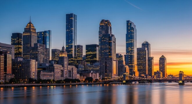 The New York City skyline at sunset, featuring the iconic skyscrapers of the Financial District, including the One World Trade Center, the Bank of America Tower, and the Citigroup Center.