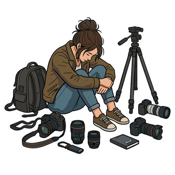 Photographer sits dejectedly with camera gear and tripod in studio