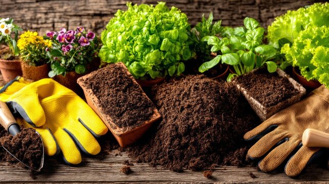 Gardening Setup with Soil, Tools, Gloves, and Small Plants for Beginners