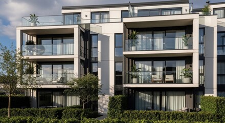 Fototapeta premium A modern apartment building with balconies and greenery in the foreground.