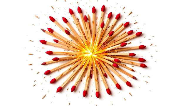 cluster of matchsticks igniting outward like explosion, sparks and flame detail, isolated white background, PNG, no text