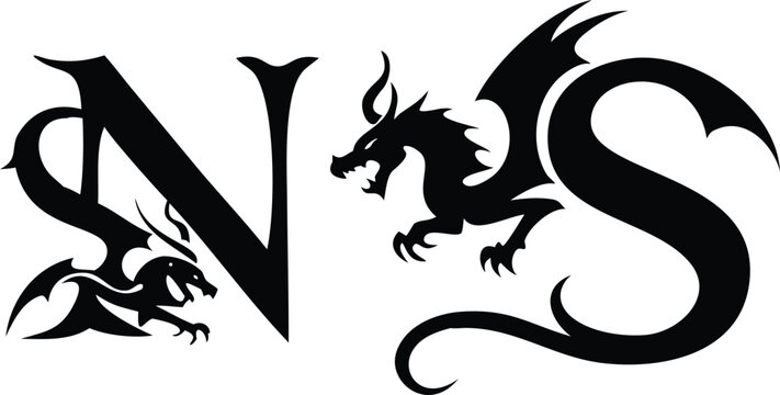 Stylish NS letters with black dragons ornate design, ancient mythological creature, fantasy beast illustration.