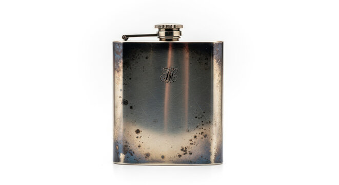 Vintage Pocket Flask with Antique Tarnish and Monogrammed Silver Surface