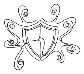 Naklejka premium Abstract continuous line art of a symbolic protective shield with swirling intricate lines illustrating cybersecurity and digital safety concepts for modern branding and web graphics