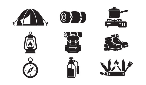 Camping and outdoor adventure gear icons with multi tool adventure equipment